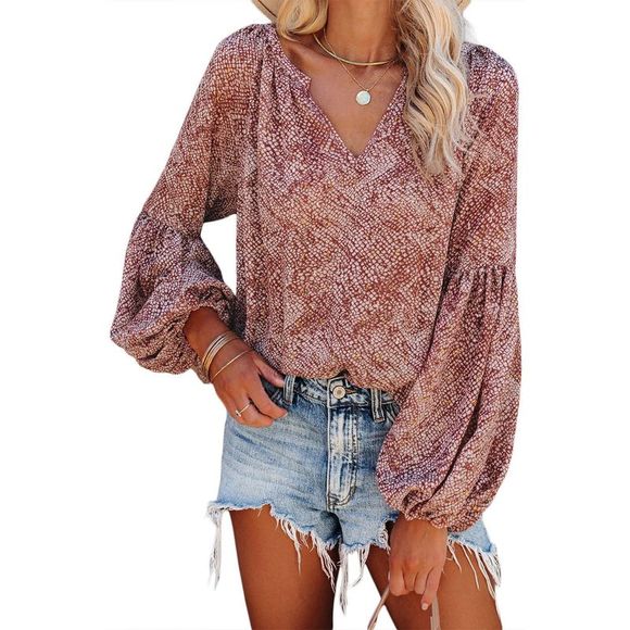 Azura Exchange  Red Pleated Lantern Sleeve Abstract Print Blouse - Picture 4 of 5